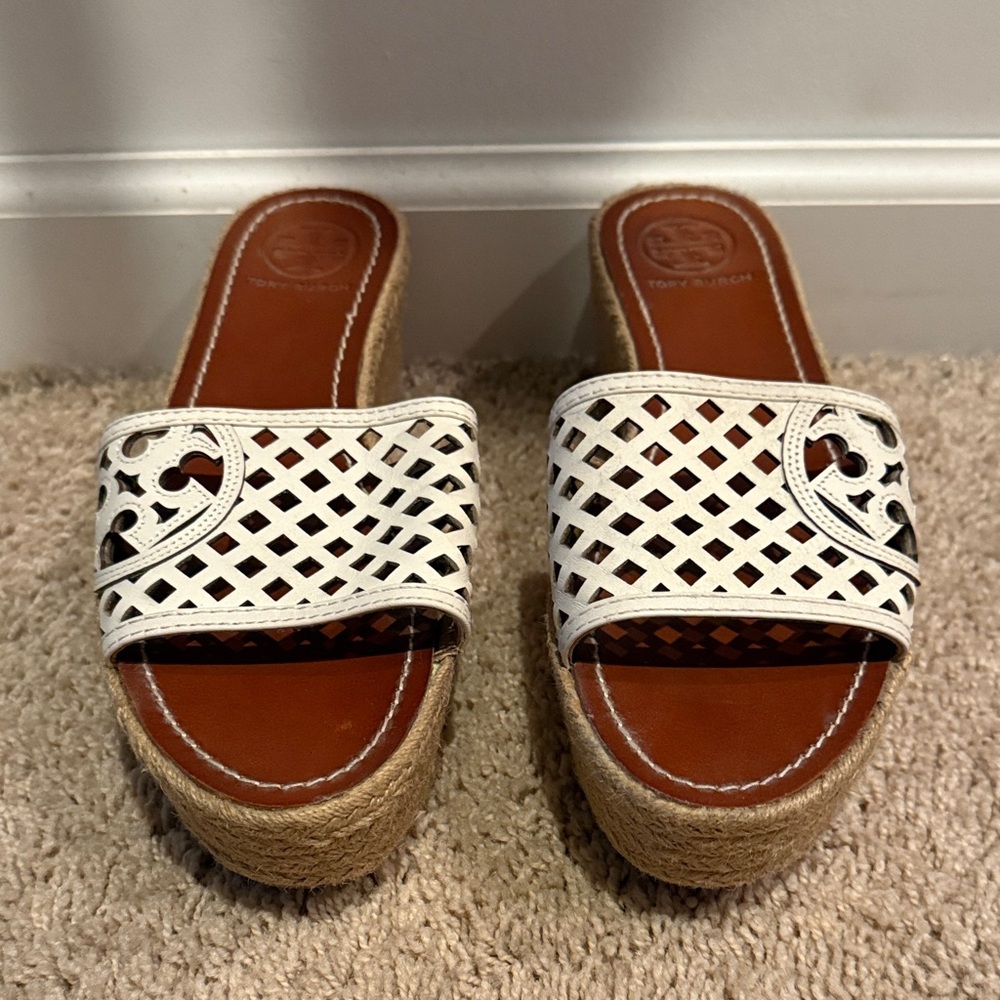 Tory Burch White Leather Lattice Espadrille Wedge Slides